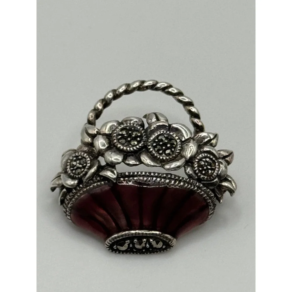 Judith Jack Sterling Silver Marcasite Enamel Flower Basket‎ Brooch Pin